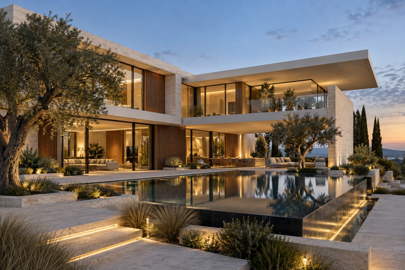 AI concept study of a two-story limestone and glass residence around a courtyard pool.