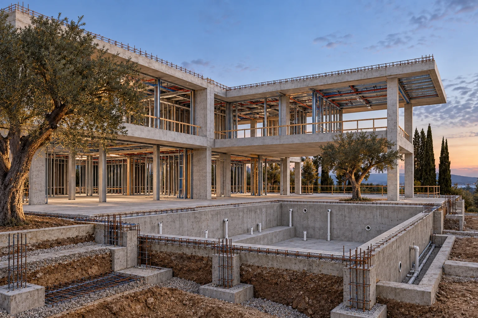 Construction cutaway of The Courtyard Residence from the matching camera view, exposing unfinished structure and underlying layers.