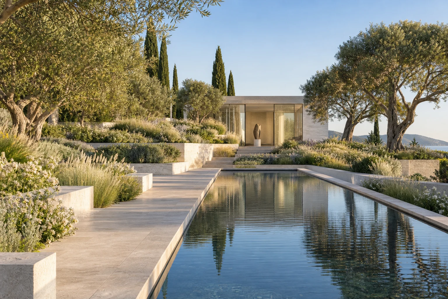 Modern terraced sculpture garden with a long reflecting pool and a glass gallery pavilion.