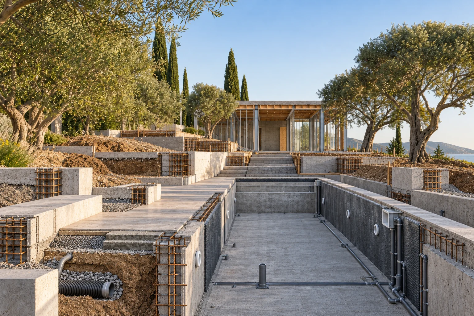 Construction cutaway of The Reflecting Garden from the matching camera view, exposing unfinished structure and underlying layers.