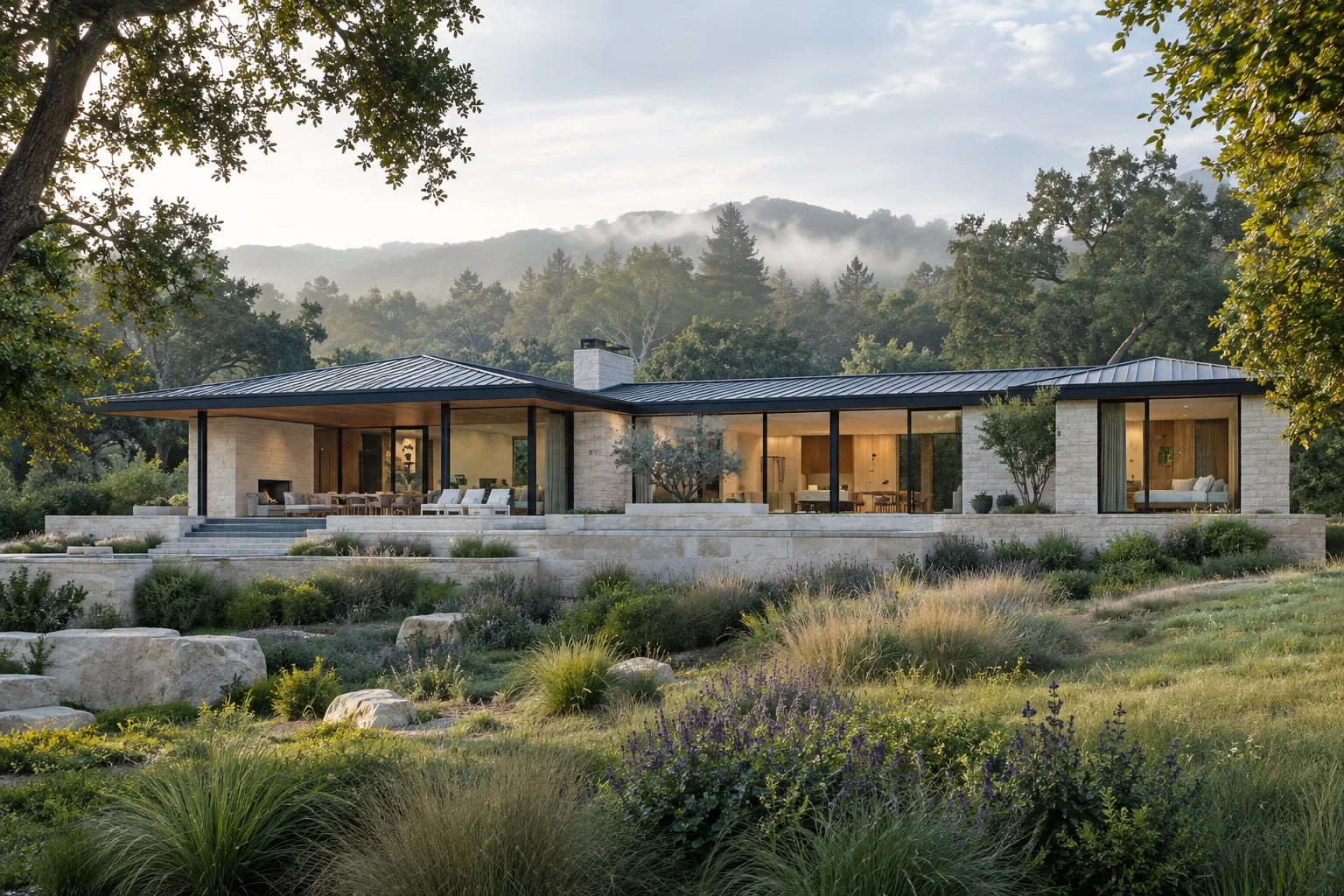 Low modern stone and glass pavilion house within a softly planted woodland landscape.