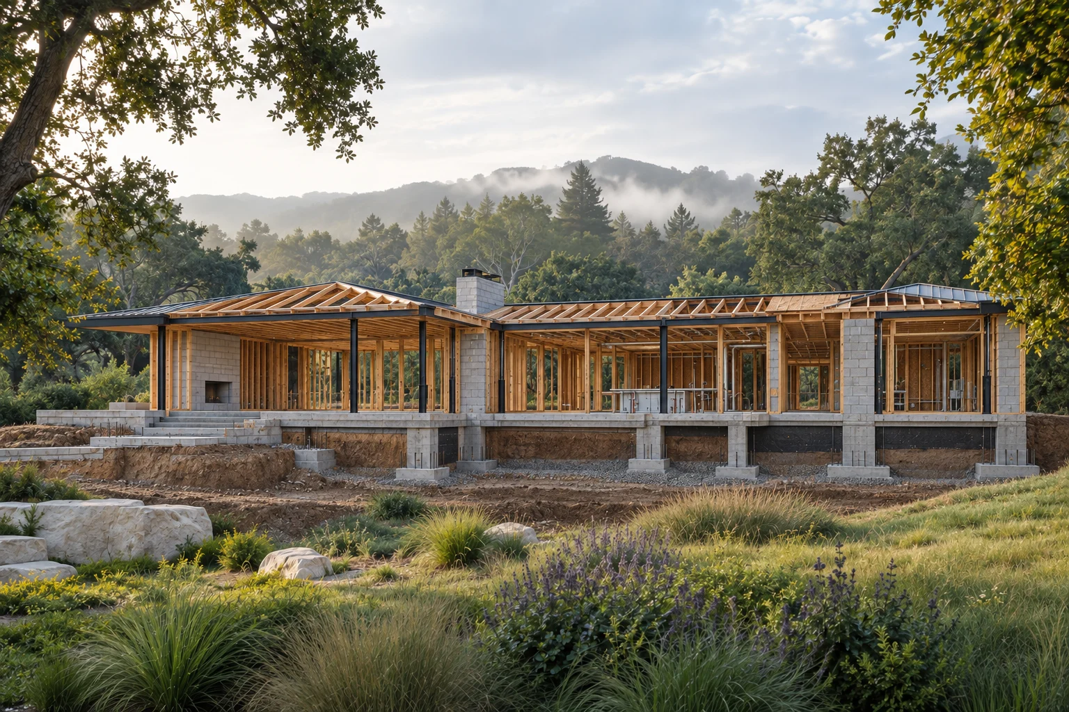 Construction cutaway of The Woodland Pavilion from the matching camera view, exposing unfinished structure and underlying layers.